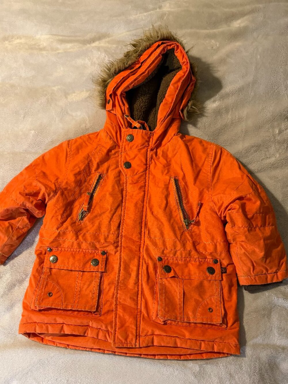 Jean Bourget Boys Winter Coat Parka Orange Faux Fur Hood Size 3 Years